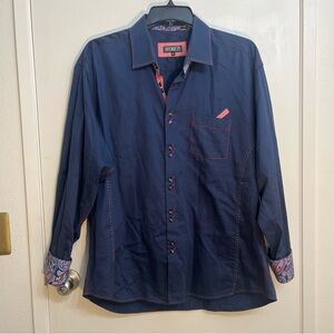 Avenue 21 Mens Blue Shirt Size 3XL Paisley Flip Cuff ButtonUp 100% Cotton Preppy
